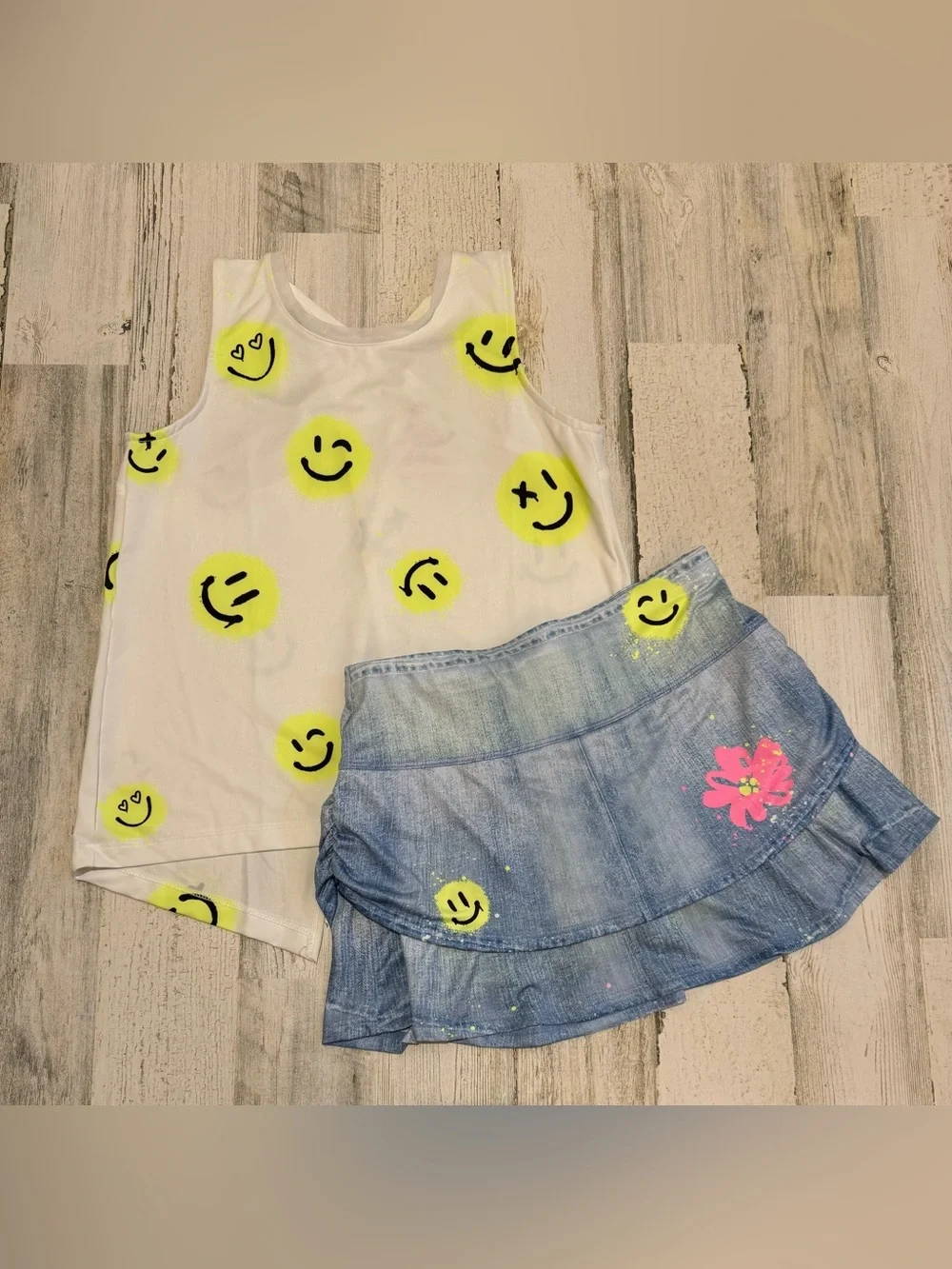 Kids Lucky in Love 2 pc. Smiley Neon Tie Back Vibrant Faux Denim Skort Set L 14
